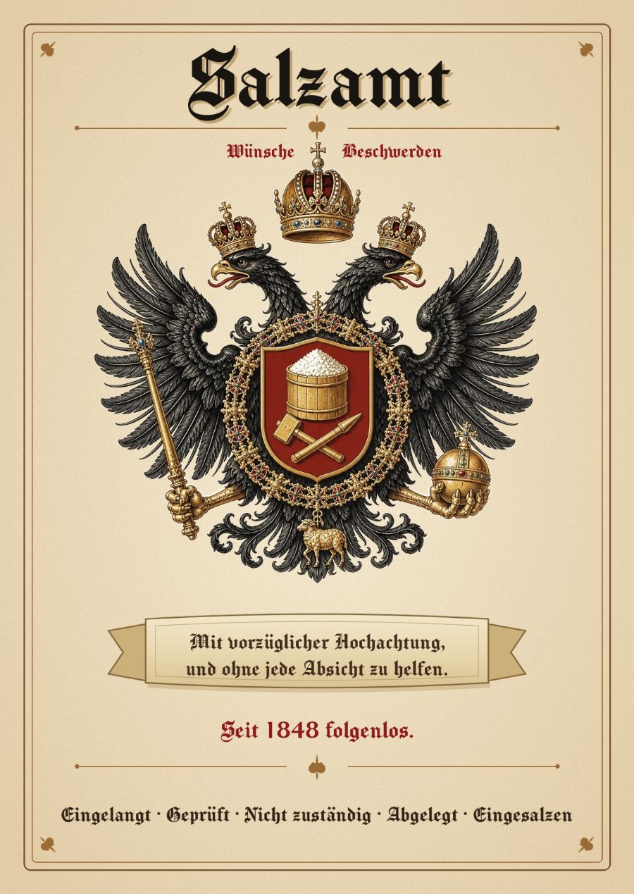 Plakat des Salzamtes: Doppeladler mit Salzfass-Wappen, darunter der Leitspruch „Mit vorzüglicher Hochachtung, und ohne jede Absicht zu helfen.“ und die Losung „Seit 1848 folgenlos.“
