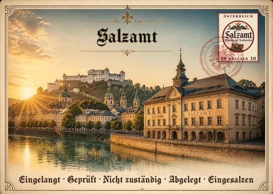 Postkarte Nr. 1: das Salzamt am Ufer der Salzach im Abendlicht, mit der Festung Hohensalzburg im Hintergrund